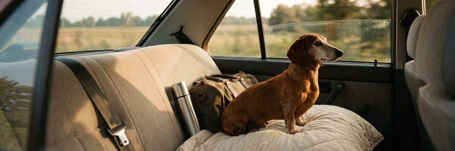 Dachshund riding in the back seat of a car
