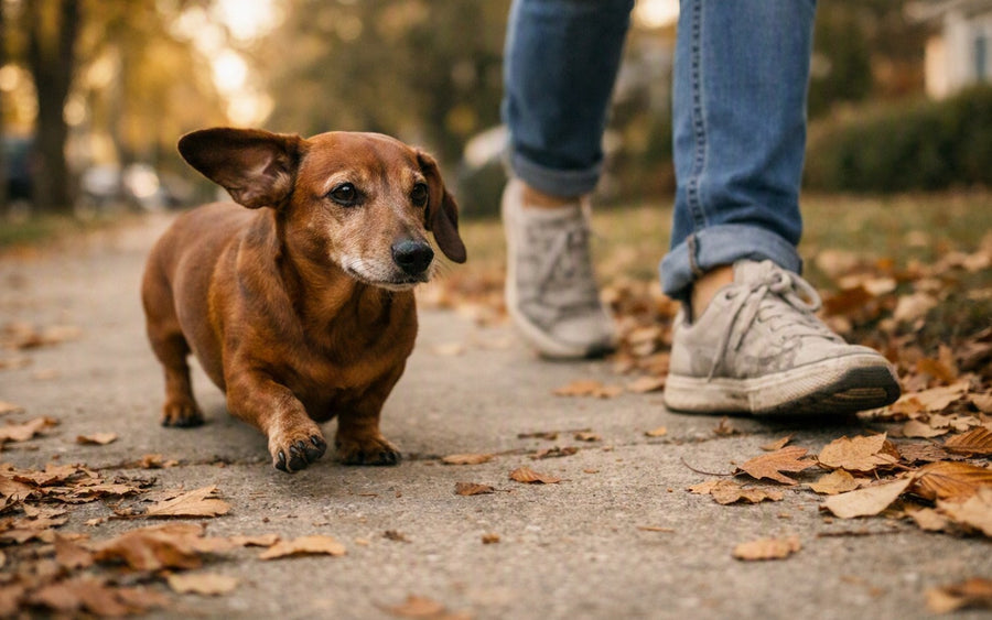 Dachshund walking on a sunlit sidewalk